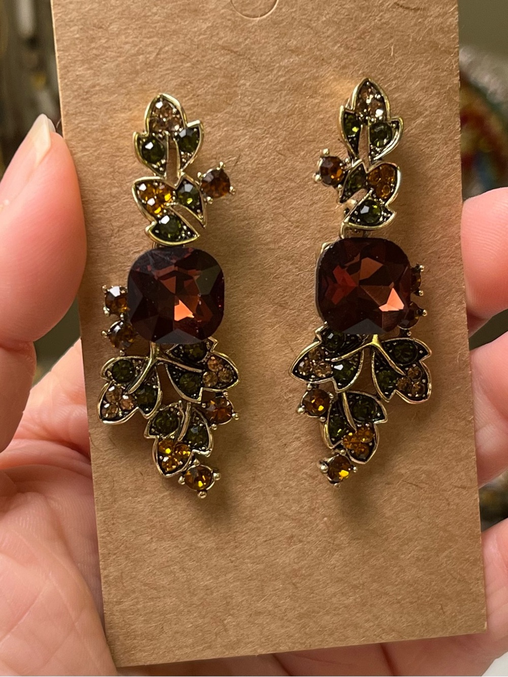 Vintage Inspired Garnet Tone & Honey Amber Earrings - Picture 2 of 2